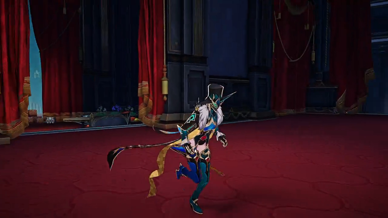 a video game character, dressed in a blue, black, gold, and white costume, runs through a redcarpeted hall. the character is wearing a black hat with a feather and wielding a sword. there are red curtains on either side of the hall and a large golden door in the background. the character is moving with speed and grace, creating a dramatic and cinematic effect.  the character appears to be powerful and majestic, creating a sense of awe and excitement.