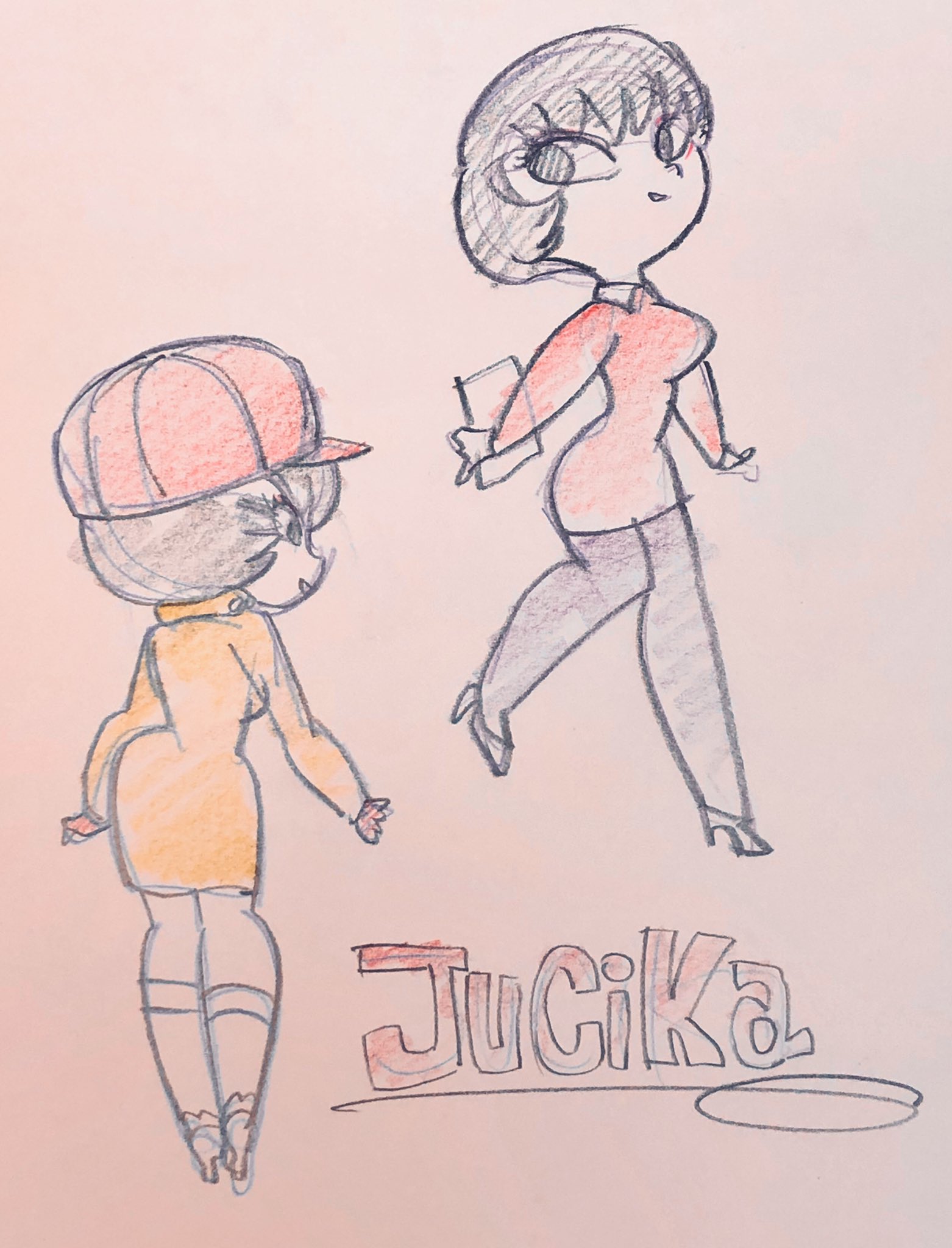 a scanned in drawing of a female character named "jucika" in two different poses on light pink paper. the first pose is a side profile of the character standing with her back to the viewer and looking over her shoulder. she is wearing a backwards baseball cap, an orange jacket, and orange and green sneakers.  the second pose is of the same character facing forward with her body angled to the side as she walks. she is wearing a short red dress, black tights, and black heels.