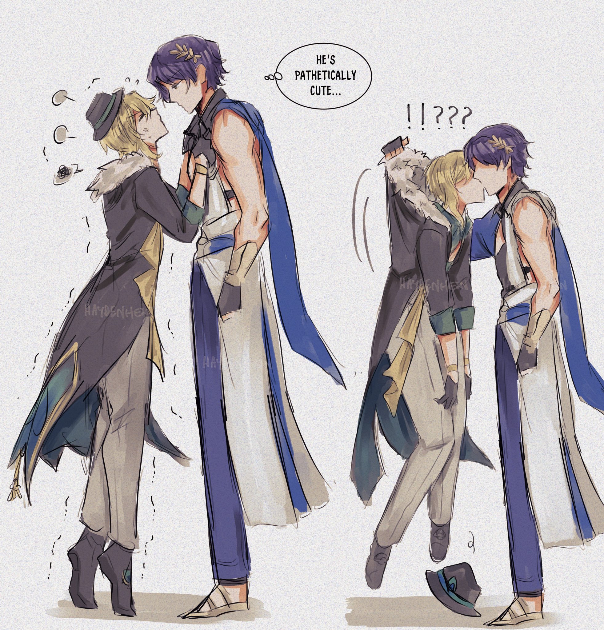 the image is a drawing of two anime boys in a romantic scene. the boy on the left is taller and has blue hair. he's wearing a white shirt and blue pants. the boy on the right has blonde hair and is wearing a yellow shirt and brown pants. they're both blushing and looking at each other lovingly. the image is set against a white background. the boys are in a close embrace with the taller boy leaning down to kiss the shorter boy on the cheek. the image shows the two boys' affection and their playful side as they tease one another. the image also conveys a sense of happiness and joy. the style of the image is light and playful, capturing the sweetness of the moment between the two boys.