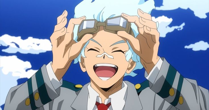 a male anime character with white hair and blue eyes, wearing a white and green hero costume, is smiling and looking excited while holding his goggles to his face. the background is a blue sky with white clouds. the character is from the anime series my hero academia.