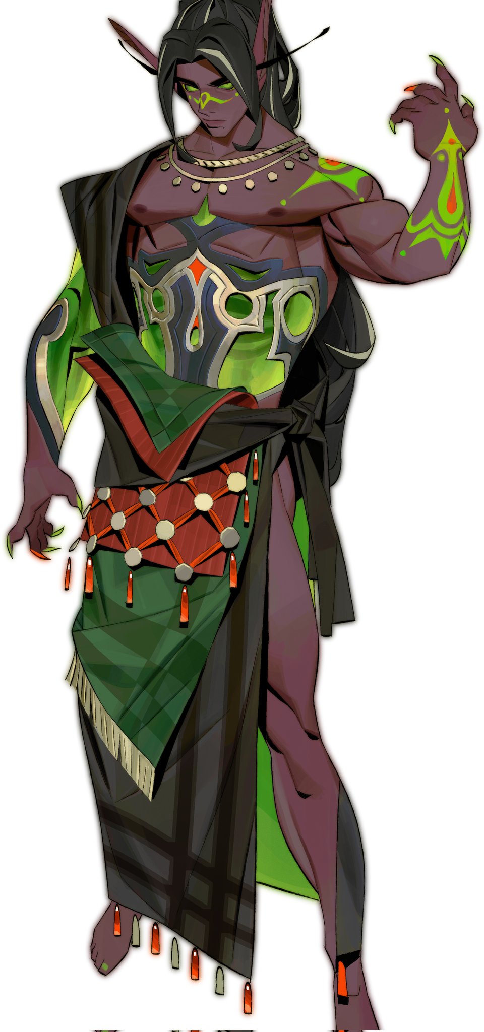 he image is a digital painting or illustration of a male night elf character, seemingly from a fantasy video game. he is muscular and has dark purple skin with intricate green tattoos and markings.  he wears elaborate clothing that combines a dark, flowing robe with a patterned, fringed loincloth in shades of green and red. the loincloth has circular, metallic accents. his expression is serious and intense. he has pointed ears, long dark hair, and sharp fingernails.  the character has a somewhat menacing stance, with one hand raised.  the overall style is detailed and evocative of fantasy art. the background is plain white, focusing attention on the character.