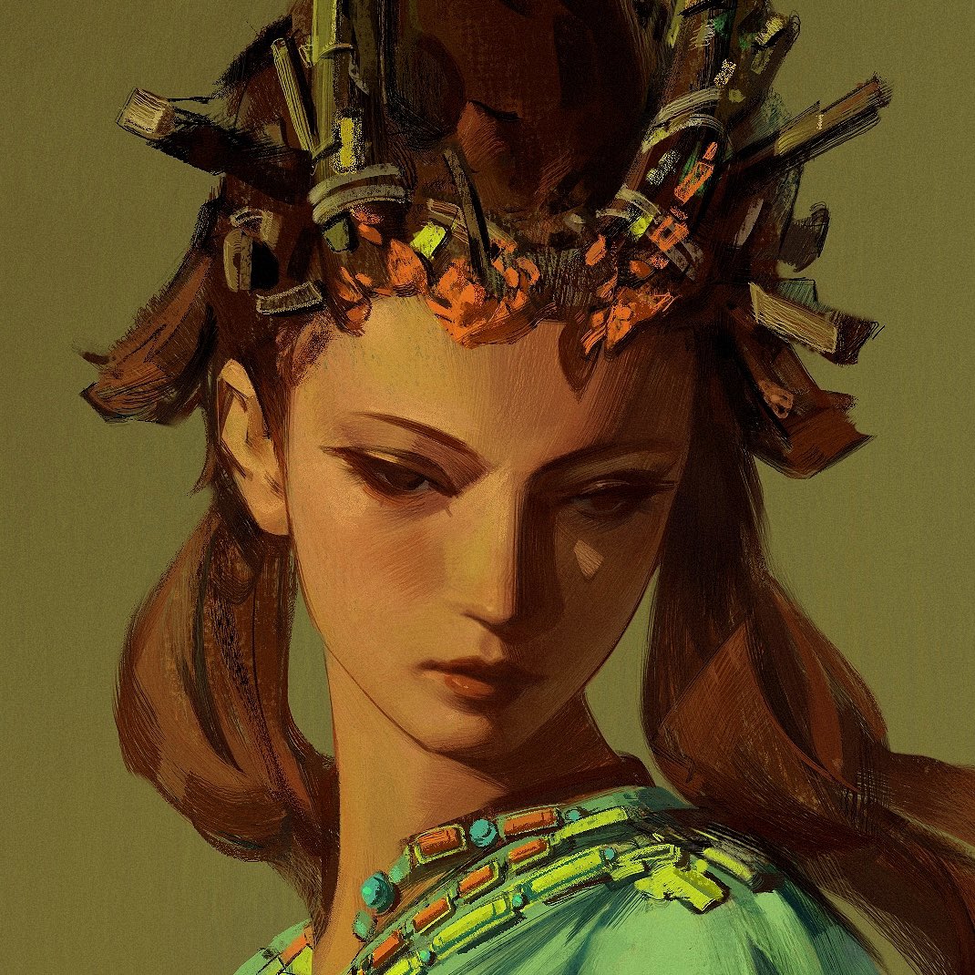 the image is a digital painting depicting a woman's portrait. she is the focal point, occupying most of the frame.  she has long brown hair styled in a way that flows around her shoulders and back, slightly obscuring her neck.  a striking, elaborate headdress, reminiscent of a crown made of intricately arranged dark brown and orange pieces, adorns her head. she wears a teal or turquoise garment with a decorative necklace of turquoise and orange beads. the woman has a serious, perhaps pensive expression, and her gaze is directed downward. the painting style is painterly, with visible brushstrokes and textures creating a sense of depth and richness. the color palette is warm, with browns, oranges, and greens dominating, creating a compelling contrast and atmosphere. the overall style suggests a blend of fantasy and cultural influences.