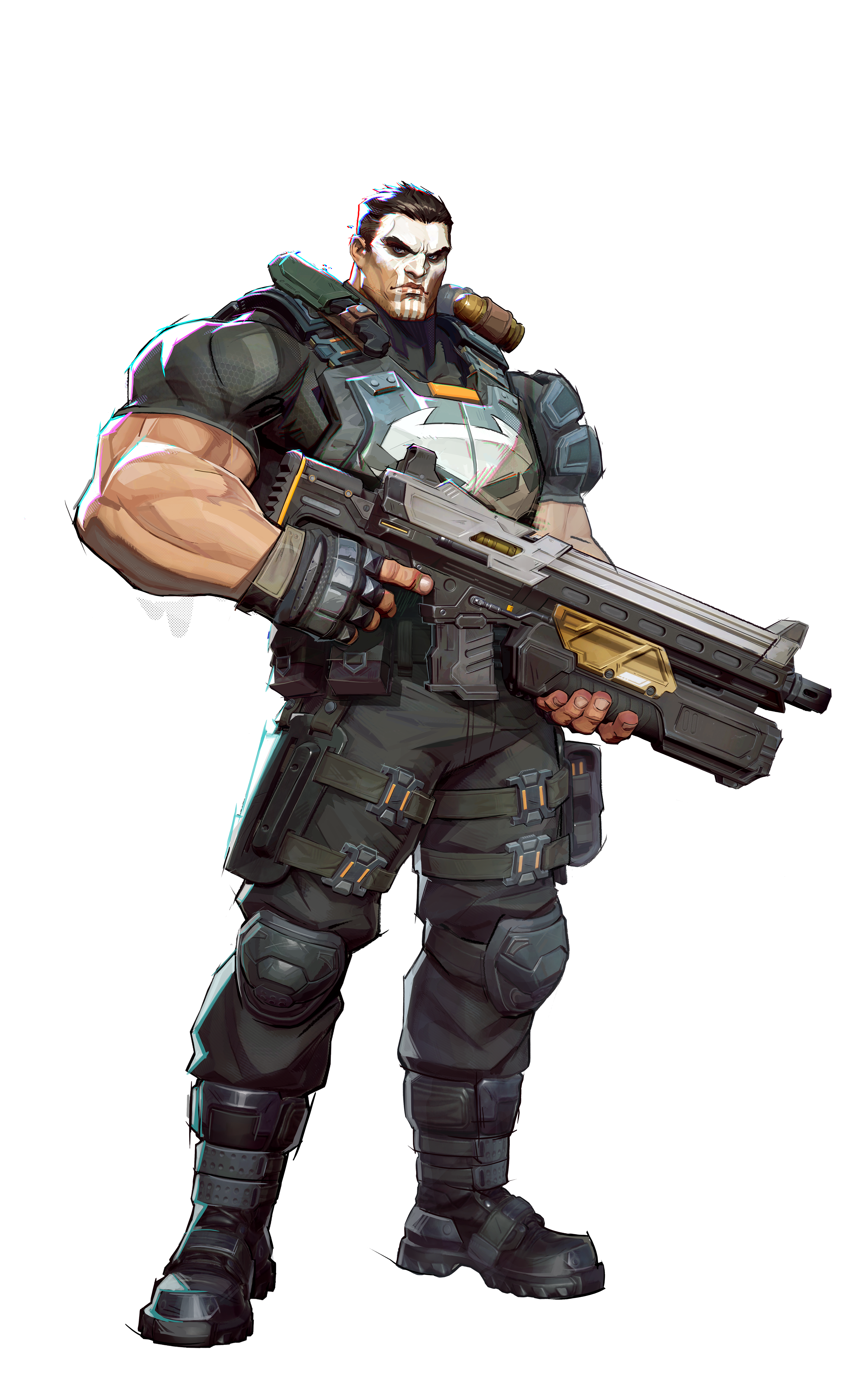 the image is a fullbody illustration of the punisher, a marvel comics character. he is wearing tactical military gear and holding a large gun. the art style is reminiscent of comic book illustration, with strong lines and shading. the background is black, emphasizing the character.