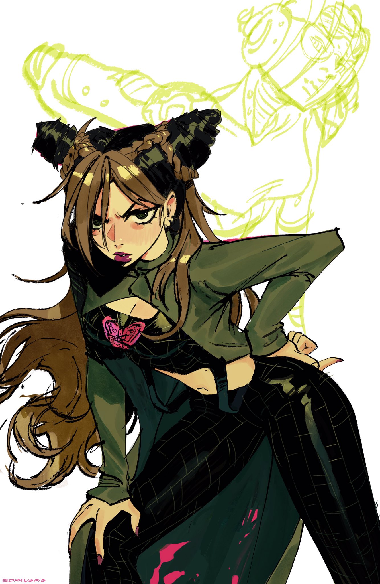 the image is a vibrant digital fanart depicting jolyne cujoh, a main character from jojo's bizarre adventure: stone ocean. she's drawn in a dynamic pose, exuding confidence and a strong personality. her outfit consists of a dark green jacket over a black and green plaid pantsuit.  her long brown hair is styled in intricate braids resembling horns. the background features a faded, ghostly sketch of what appears to be a robotic figure, possibly an enemy or stand, adding to the overall dramatic atmosphere. the art style is heavily stylized and expressive, with bold colors and lines that capture both jolyne's attitude and the actionpacked nature of the series. the overall mood is powerful and striking.