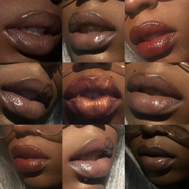 a collage of nine closeup images of different women with dark skin and various lip colors, including nude, brown, and red lipsticks.  the images are all taken at a close up angle and the lips appear to be smooth, shiny and glossy. the women are also wearing different makeup looks, but the focus is on the lips.  the background is blurry and mostly dark, so it does not distract from the images. the lips are the center of attention and the images are a celebration of beauty and diversity.