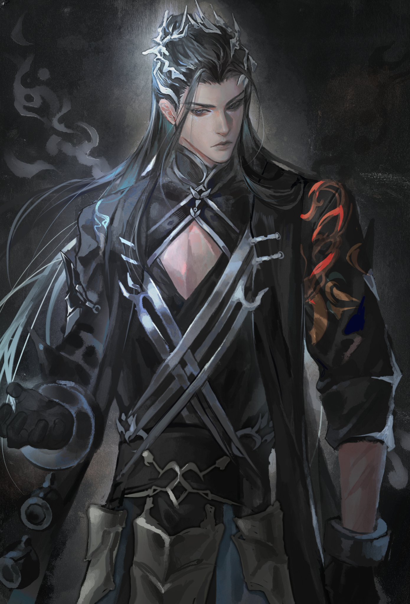 an anime style drawing of a male warrior with long black hair, wearing armor and holding a sword. he's staring with a serious expression.