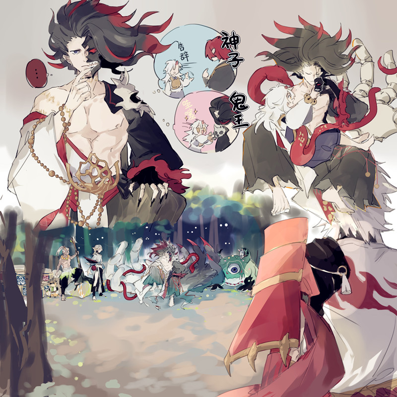 the image is a vibrant and detailed illustration depicting a scene from an anime or manga. in the center, a redhaired character with an aggressive expression stands with his hands raised, seemingly ready for combat. around him are multiple characters with various designs and expressions, creating a sense of action and chaos. the image is rich with detail, from the intricate costumes and weapons to the dynamic poses and expressions of the characters. the background, a blend of nature and city elements, adds to the mysterious atmosphere of the scene. the colors are vivid and contrasting, with bold hues of red, black, and white dominating the composition. the artwork suggests a dynamic scene of conflict and power, capturing the energy and tension of a fantasy battle. the characters' expressions and gestures, combined with the suggestive weaponry and energy effects, paint a narrative of clashing ideologies and supernatural forces. the overall mood is one of intense excitement and anticipation, leaving the viewer to speculate on the story and its potential outcomes.