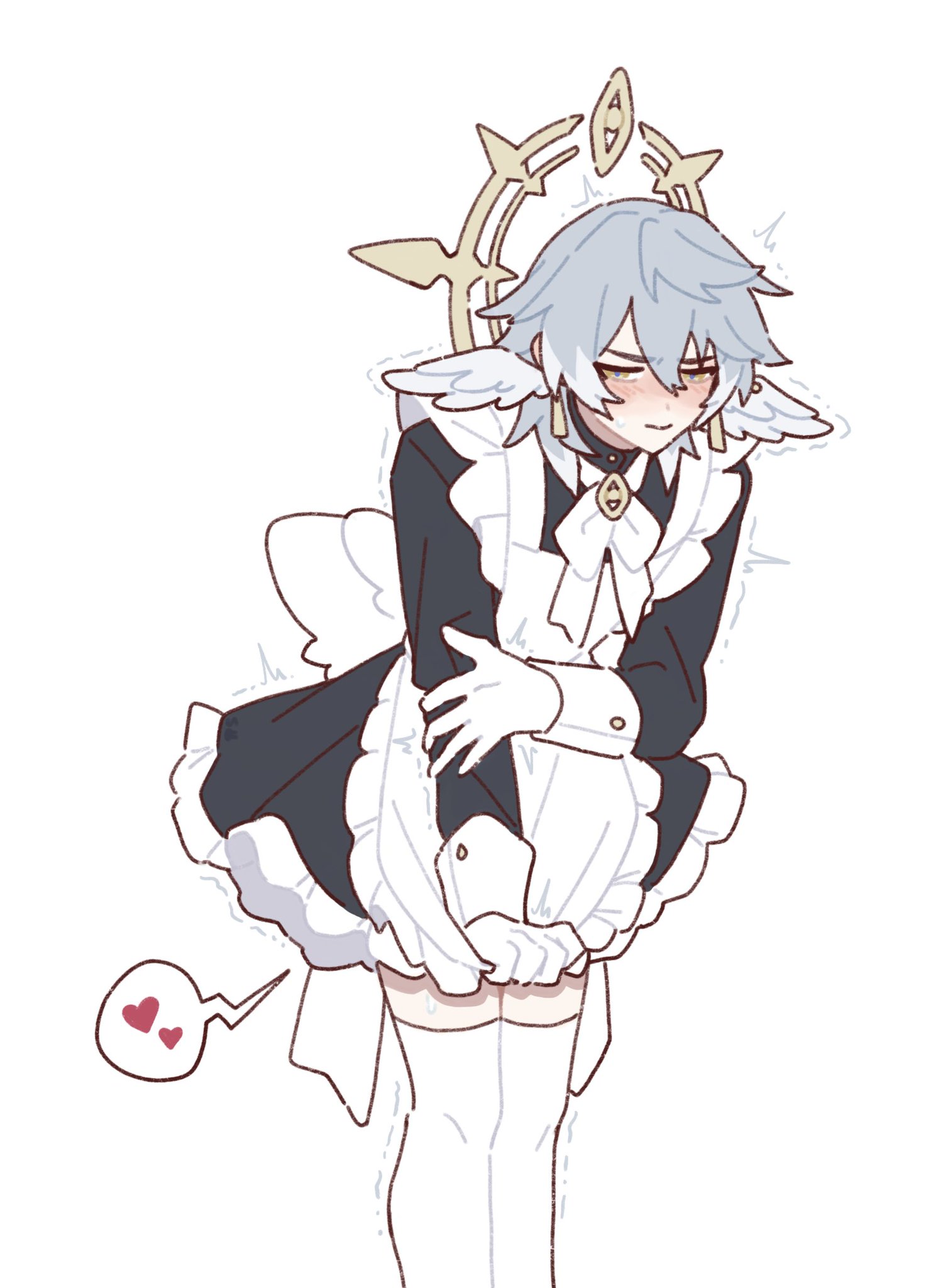 the image is a digital drawing or fanart depicting a young animestyle male character dressed in a maid outfit. he has light grey hair,  small angel wings, and a halolike adornment above his head. his expression is soft and slightly embarrassed, and he appears to be holding himself while blushing.  a small speech bubble with hearts suggests he's possibly let out gas. the style is cute and chibilike, with pastel colors and soft lines. the overall tone is lighthearted and humorous.
