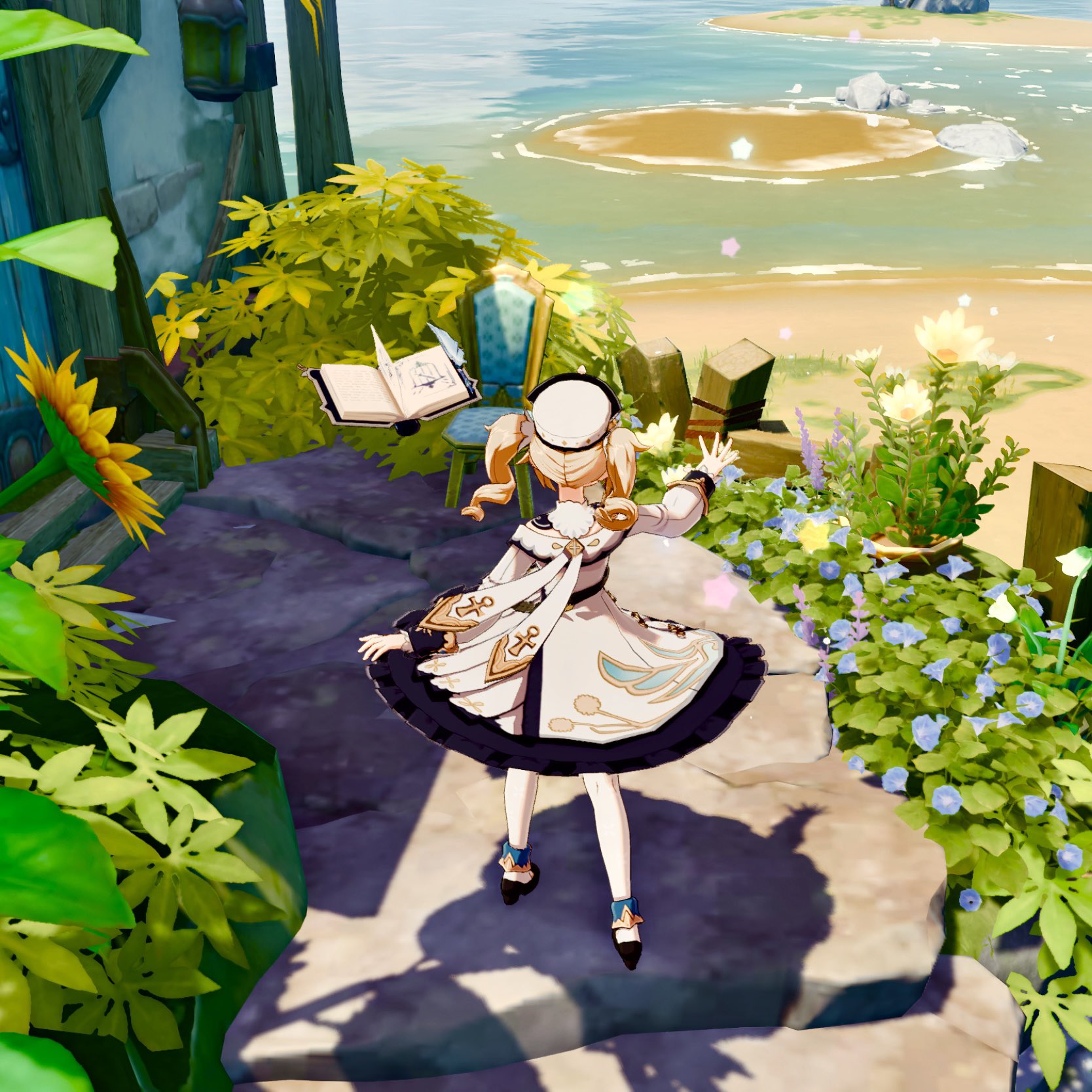 a rear view of klee from genshin impact stands on a stone path overlooking a beach. she wears a white dress and hat, and her blonde pigtails are visible. she's surrounded by lush greenery and flowers. a book floats near her, and there's a sense of whimsy and magic to the scene.  the background shows a calm ocean and sandy shore. the overall style is animelike and vibrant.