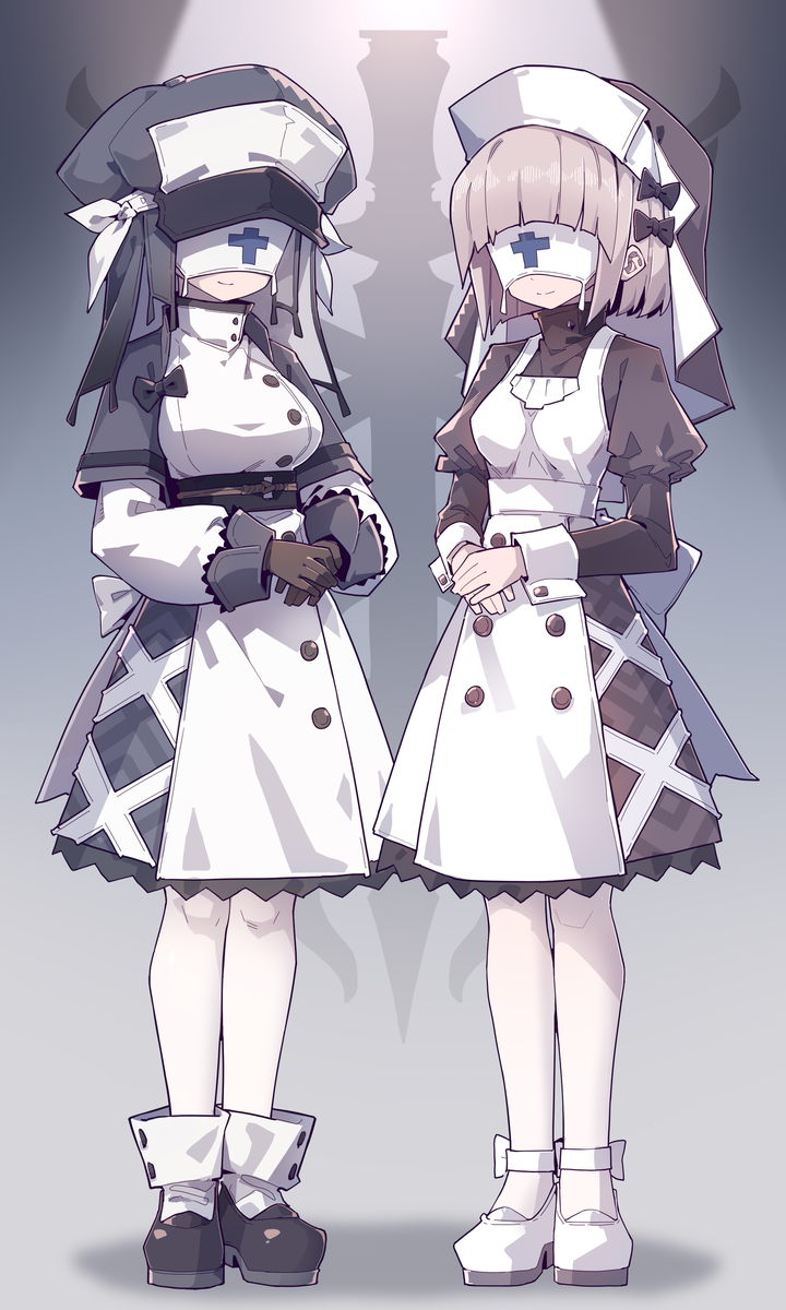 the image shows two animestyle girls dressed as nurses with a dark and mysterious theme. they are standing sidebyside against a gray background, with a faint shadow of a sinister figure behind them. both nurses are wearing similar uniforms consisting of a white dress with dark accents and black crosses on their blindfolds. they have unique hats and shoes, but the overall aesthetic is dark, with a grayscale color palette with white hues. they appear to be twins or at least are very similar.