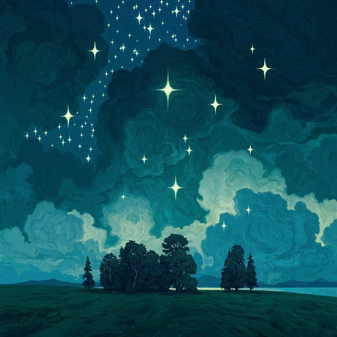 the image is a stylized painting or digital illustration of a serene night scene.  the dominant colors are various shades of teal and blue, creating a tranquil and dreamy atmosphere.  the sky is filled with swirling clouds and numerous bright stars, some appearing larger and more prominent than others, possibly suggesting a constellation. silhouetted trees, grouped together in a small grove, stand on a dark green field in the foreground, against the backdrop of the dramatic night sky and distant horizon.  the style is artistic and painterly, with visible brushstrokes or digital rendering that contributes to the overall texture and mood.