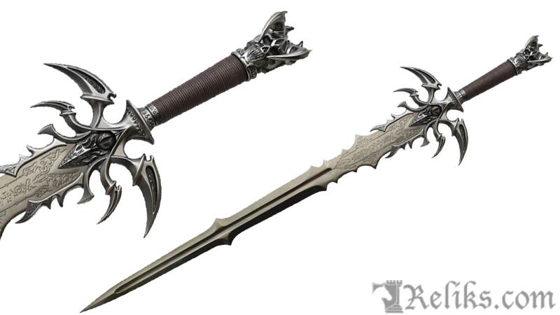 two slightly different perspective images of a fantasy sword with a white blade and ornate metal hilt. the sword is decorated with spikes and skulls.  the background is white.