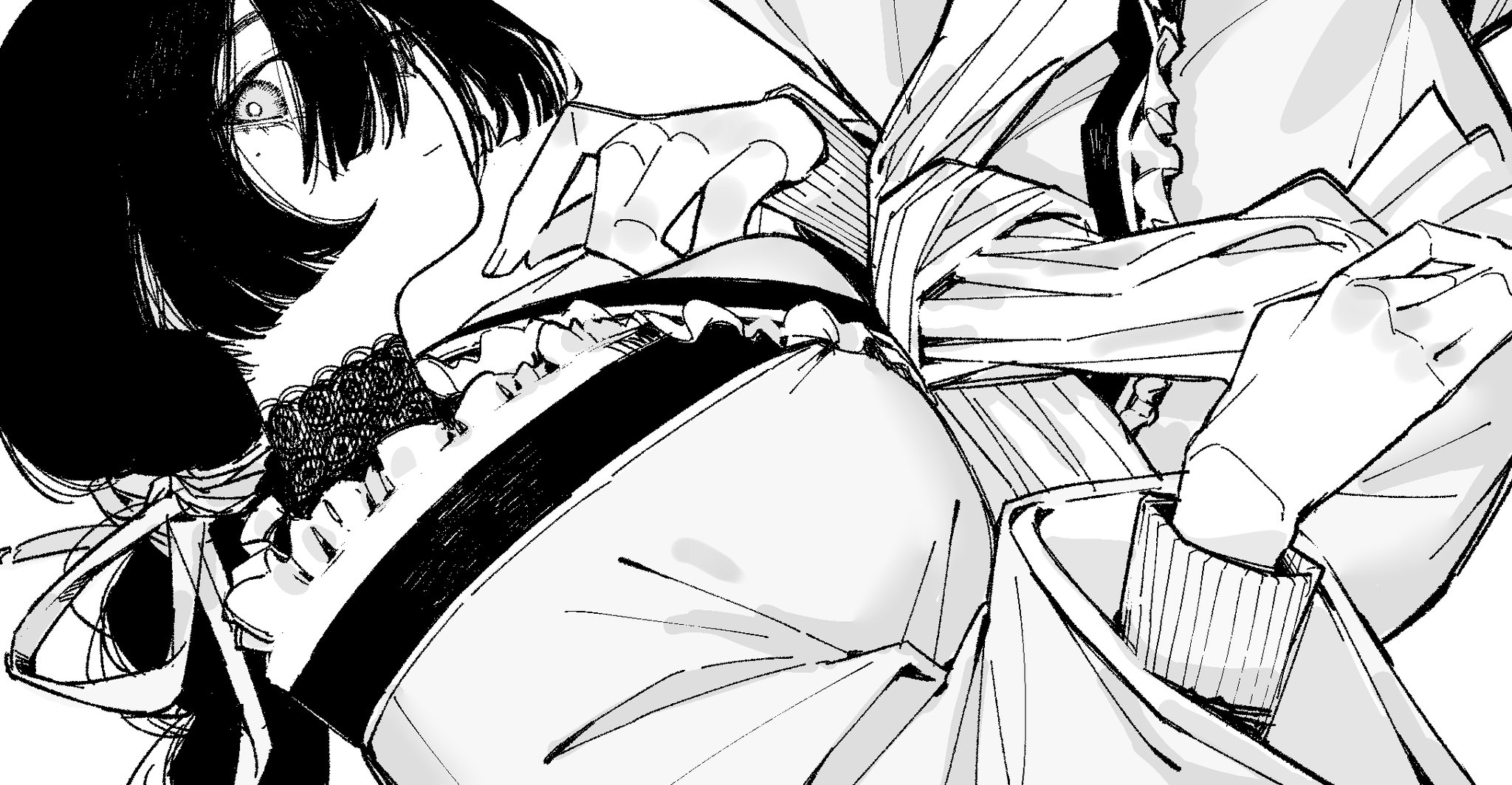 the image is a closeup, black and white mangastyle illustration depicting a young woman with short, dark hair. her expression is one of intense fear or distress.  she appears to be being forcibly held or restrained by another individual (only partially visible), whose hands are gripping her. the woman's clothing is detailed, showing a ruffled collar and long sleeves. the overall style is dramatic and suggestive of a tense, possibly violent scene. the drawing is sketchy, dynamic, and uses a high degree of contrast to highlight the emotion in the scene.
