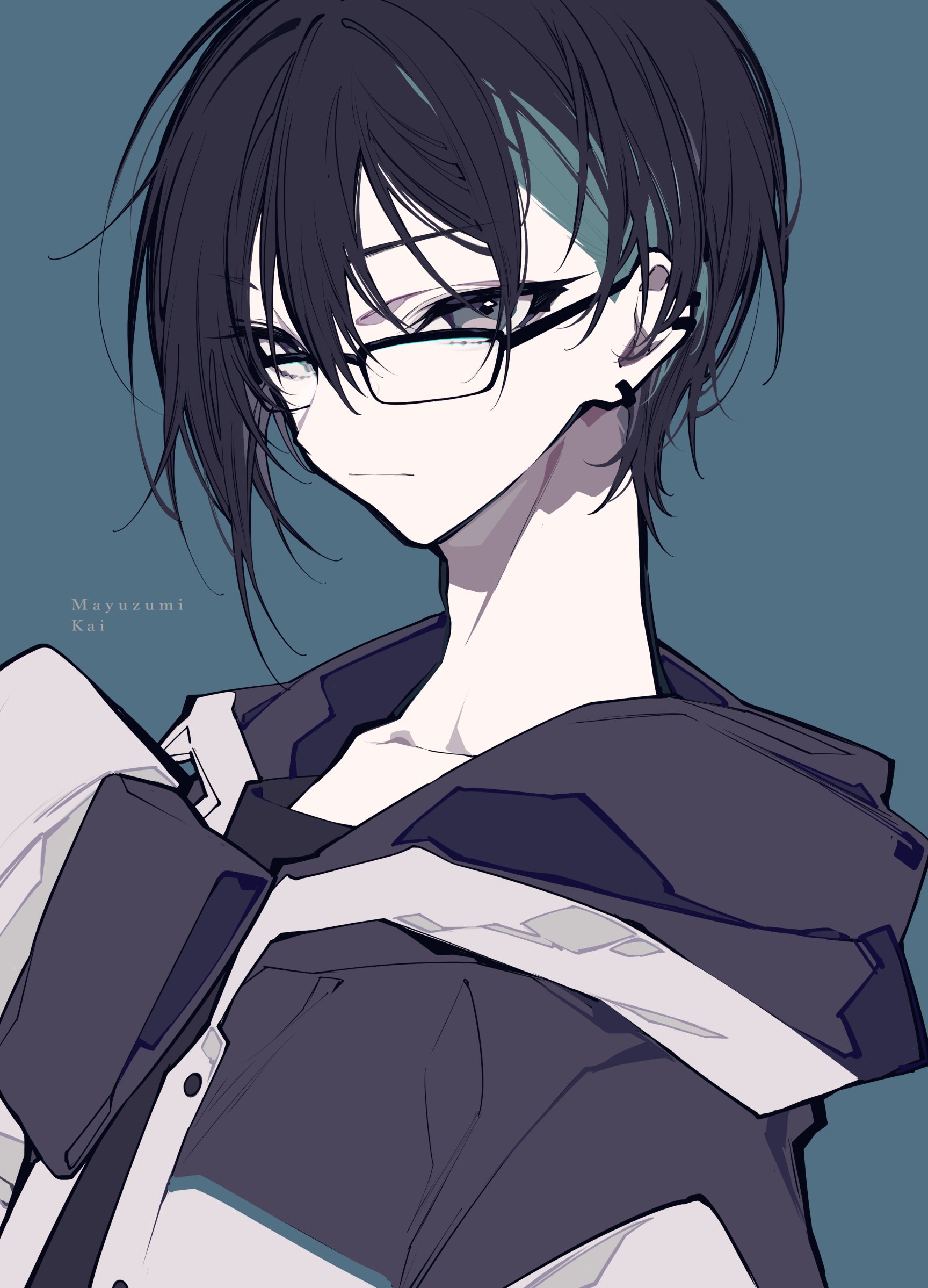 the image is an anime illustration of a young man with black hair and glasses. he's wearing a dark blue jacket or hoodie with white accents. he has an ear piercing. the character's name, mayuzumi kai, is visible in the bottom left corner of the image.