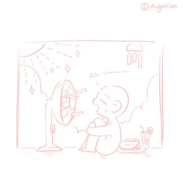 a cartoon character sitting under a fan, sweating and trying to stay cool in the summer heat. the drawing is in a cute anime style and is done in pink.