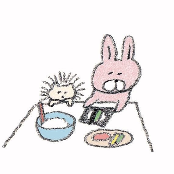 a drawing of a pink bunny and a hedgehog making sushi. there's a bowl with rice and a plate with sushi rolls.