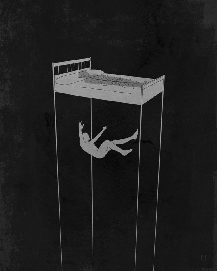 the image depicts a surreal and minimalist scene of a person falling from a bed that is suspended in midair. the bed is constructed of simple lines and appears to be made of metal. the person is represented as a simple silhouette, falling headfirst and reaching towards the ground. the entire image is rendered in shades of black and white, adding to the stark and surreal atmosphere. the image is open to interpretation, but it might convey a sense of despair, hopelessness, or the feeling of falling into an abyss.