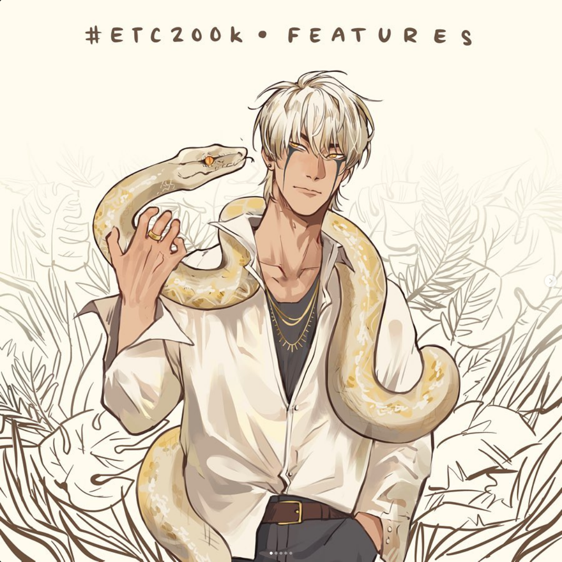 the illustration features a stylish young man posing with an albino python draped over his shoulders. he is set against a backdrop of tropical foliage, rendered in black and white line art, which creates a striking contrast with the fullcolor subject.  the man has striking features, with white hair and a single, dramatic facial marking. he is dressed in a fashionable ensemble of a white, partially unbuttoned shirt, dark pants, and a collection of necklaces. his overall aesthetic blends modern and edgy elements. the lighting is soft, highlighting the details of the subject and creating a sense of depth against the flat background.