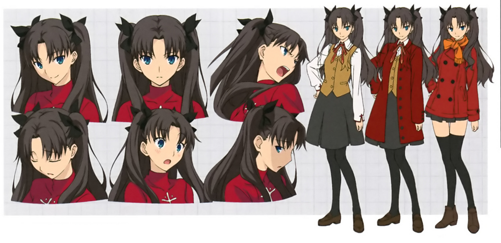 his image is a character design sheet featuring rin tohsaka from the fate series. it includes multiple expressions of her face and two different outfits. the top row shows closeups of rin's head, each depicting a different facial expression.  the next two rows show her head from various angles with the same hairstyle. on the right side of the image are two full body illustrations of rin, one in a school uniformlike outfit (a vest and skirt) and the other in a red coat. each figure is displayed in detail, showing careful attention to the character's hair, clothing, and overall appearance. the overall style is consistent with anime character design, employing bright, clean lines.