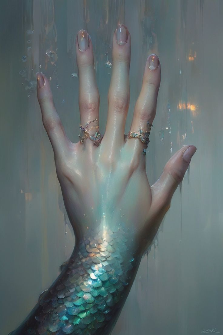 a fantastical illustration depicts a hand, seemingly emerging from water, with glistening scales transitioning from skin to fishlike texture. the fingers are adorned with delicate rings, and the hand appears to be reaching forward through a misty, watery environment with dripping effects. the overall aesthetic is ethereal and magical, evoking a sense of mystery and fantasy.