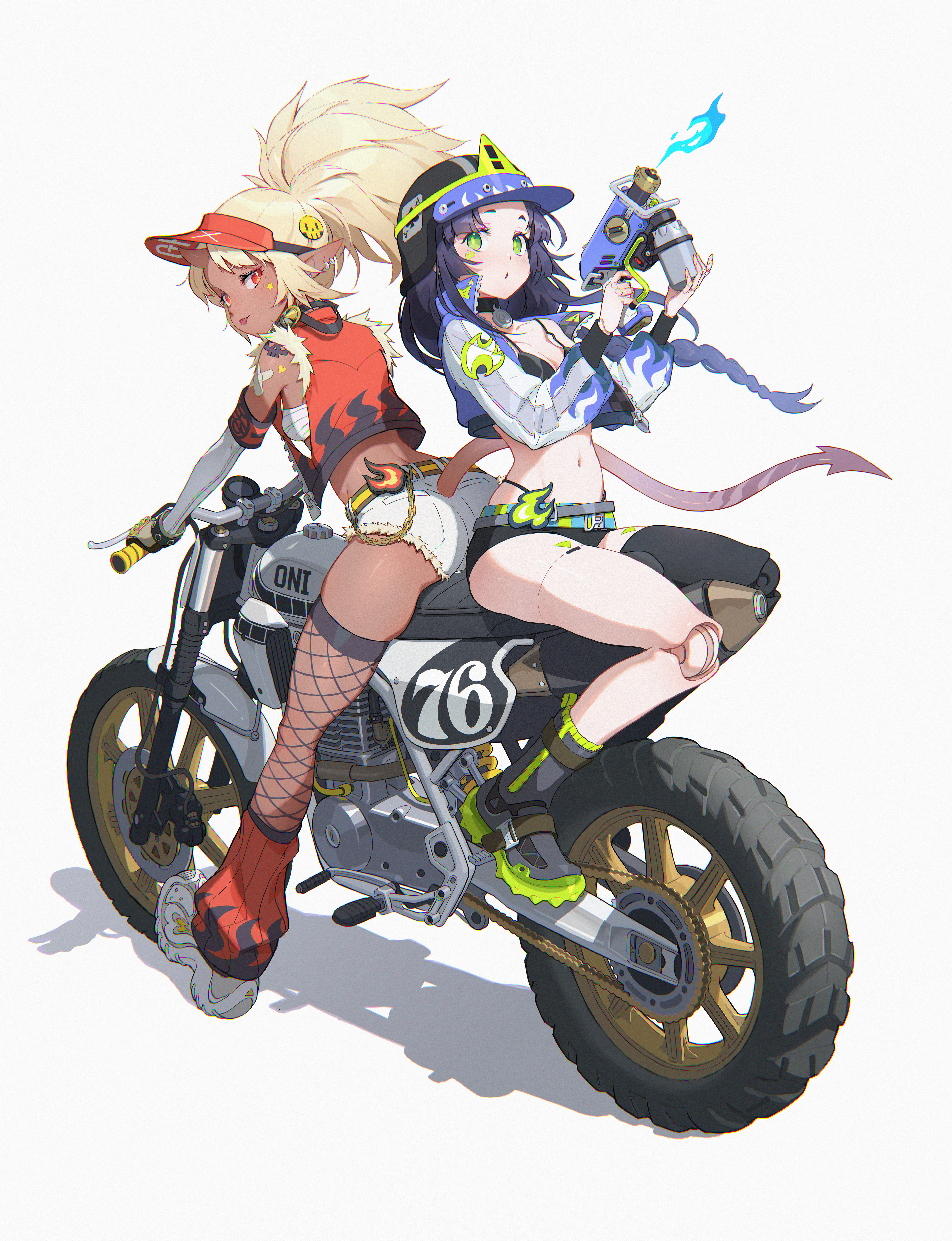 two anime women ride a motorcycle. the first woman has brown skin, blond hair, and is wearing a red visor. the second woman has green skin, dark hair, and is wearing a hat. she is holding a firearm. the motorcycle is white and gray and has the number "76" on its side.