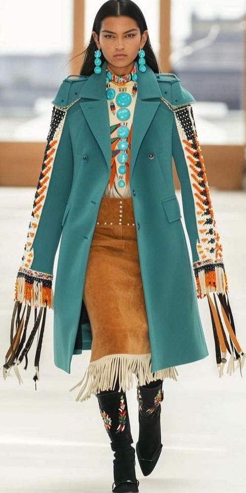 a fashion model walks down the runway in a turquoise blue coat with fringe trim, a brown suede skirt with fringe trim, and black boots with floral embroidery. she is wearing turquoise jewelry, including a necklace and earrings.