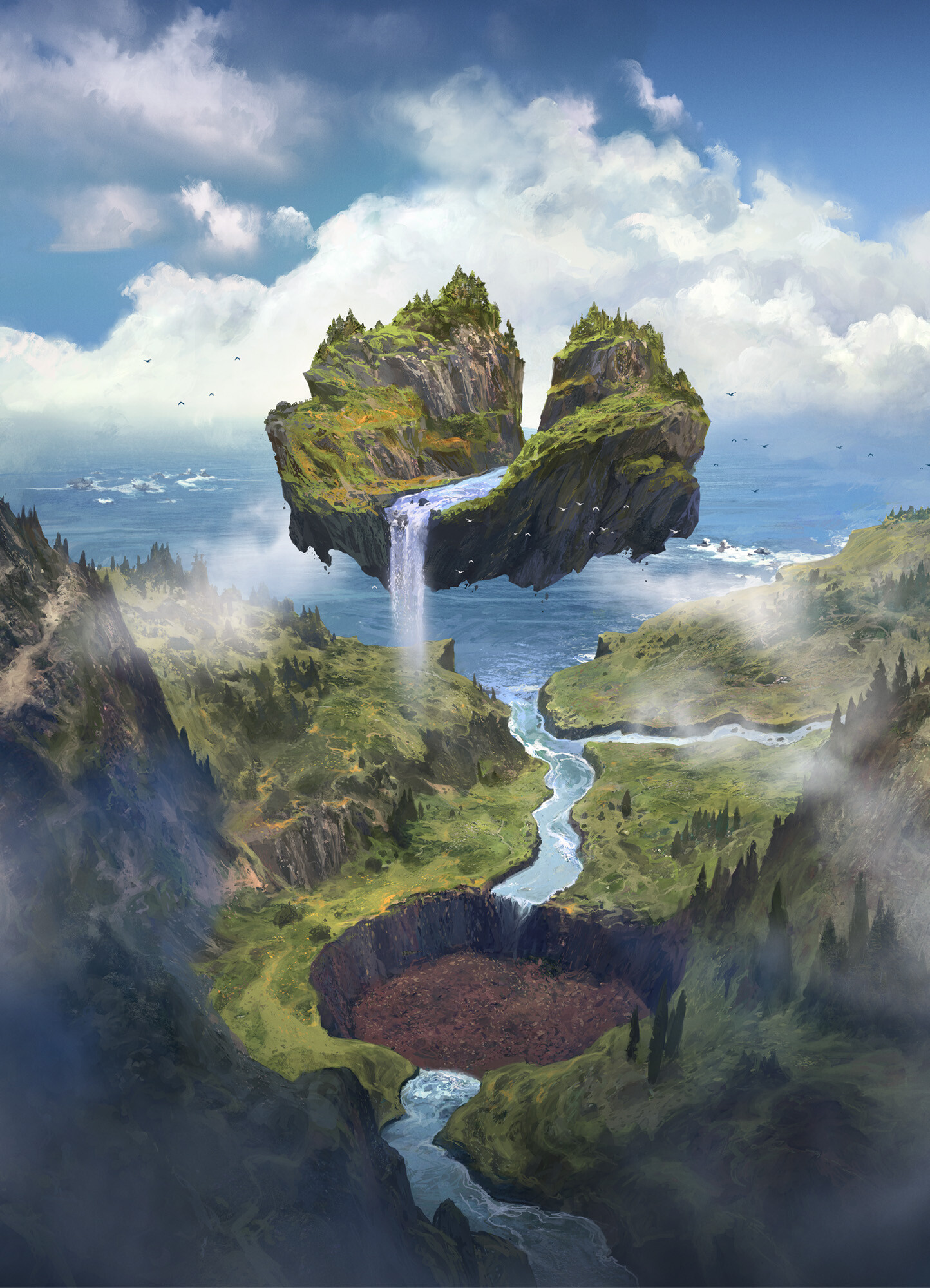 the image showcases a breathtaking fantasy landscape. a heartshaped island, blanketed in lush greenery and featuring a cascading waterfall, hovers in midair above a rugged mountain range. the mountains encircle a verdant valley, carved by a winding river that flows into a shadowy abyss. wispy clouds drift across a bright blue sky, casting soft shadows on the landscape below. the overall atmosphere is one of serene wonder and the impossible beauty of a world touched by magic.