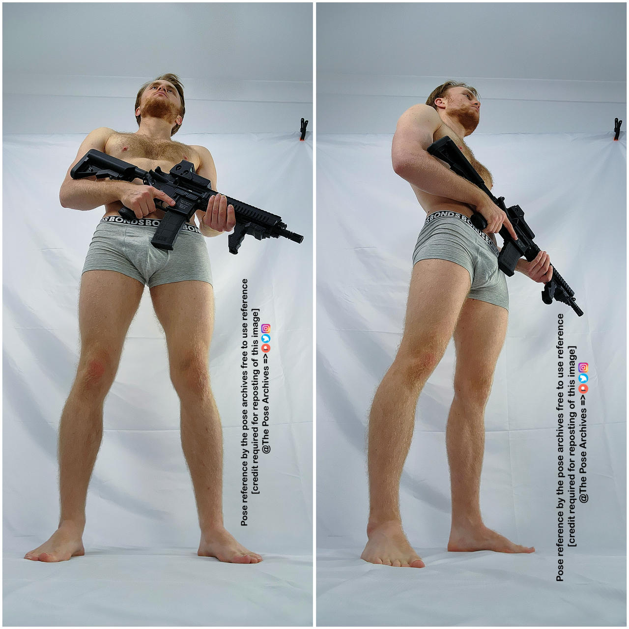 two images of the same man taken from slightly different angles, he is holding a gun and is wearing grey underwear and nothing else.