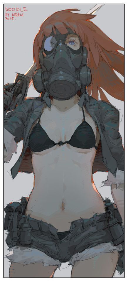 this is a digital art illustration of a female character.  the character appears to be in a cyberpunk setting, with a gun, gas mask and a somewhat futuristic outfit. she is in a combat stance. the character is heavily stylized and looks like a character from an anime or manga. the digital illustration is somewhat faded and has a vintage or retro look.