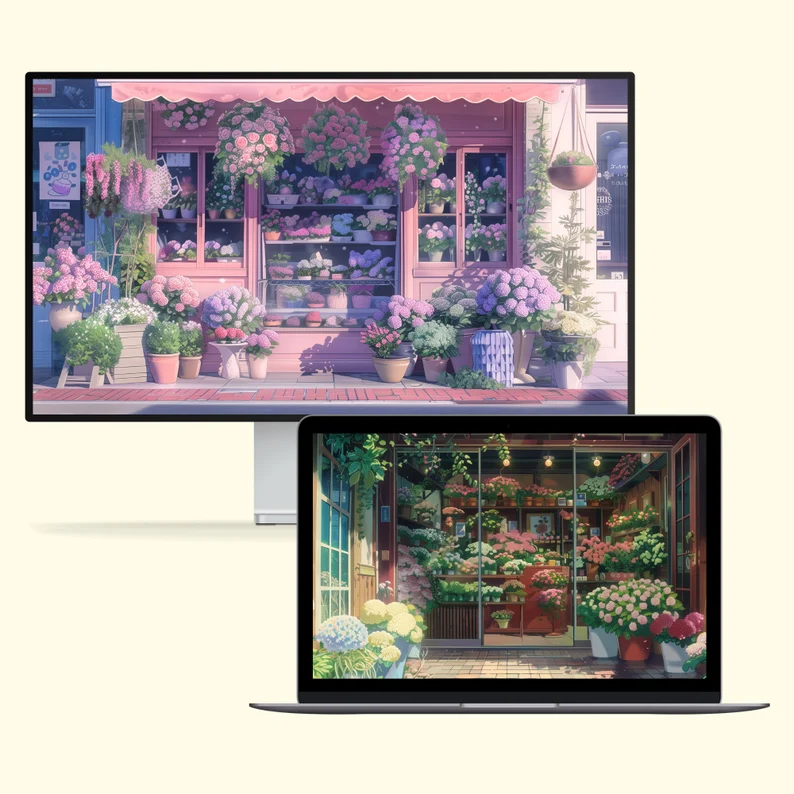two digital illustrations of a floral shop, one during the day and the other at night. the shop is painted pink and white, and displays many different types of flowers and plants. the daytime image shows sunlight illuminating the storefront, while the nighttime image shows the interior lit with warm, artificial light.