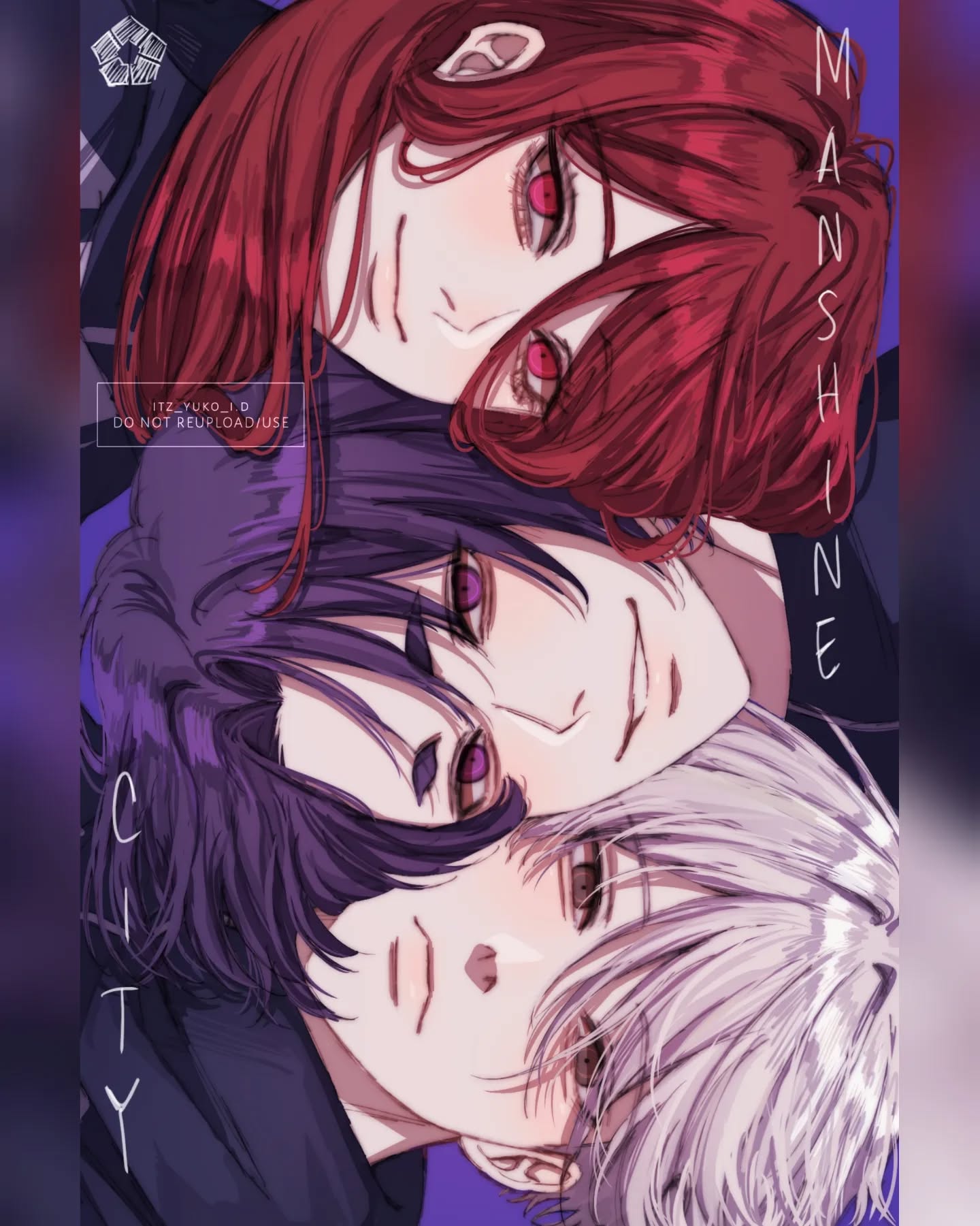 the image is a digital fanart depicting three animestyle boys intimately close together.  the boy on top has long, vibrant red hair and purple eyes.  below him is a boy with long, dark purple hair and purple eyes. at the bottom is a boy with long, white hair and purple eyes. all three have striking, expressive eyes and soft features. the art style is smooth and stylized, with a focus on soft shading and color blending. the background is a simple, blurred purple.  text on the side indicates "manshine city" and a copyright notice.  the overall mood is romantic and suggestive of a close relationship between the three characters.