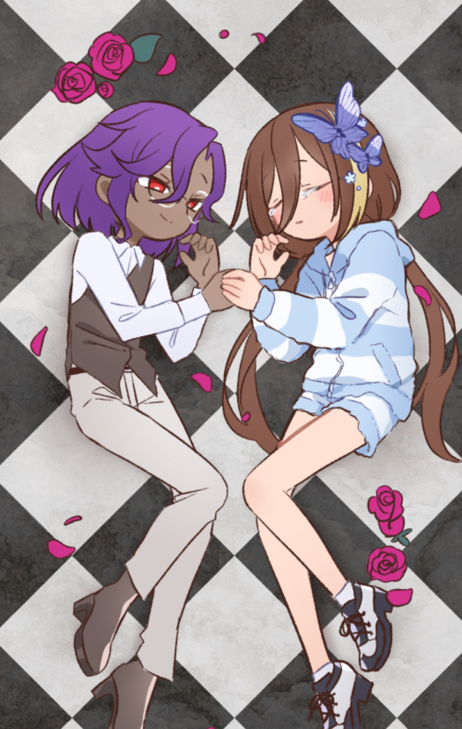 two anime characters, a boy and a girl, are hugging and looking at each other lovingly on a black and white checkered floor.  the boy has purple hair and is wearing a white shirt and pants. the girl has brown hair and is wearing a blue sweater and white skirt.  they are surrounded by roses and a pink flower petal.  the overall tone of the image is sweet and romantic.