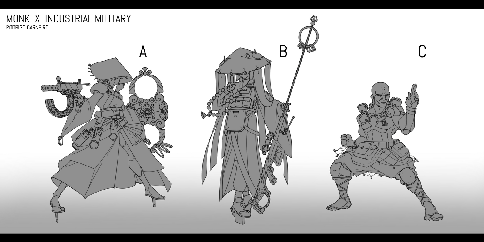 this is an illustration showing three futuristic characters in different fighting poses. the characters have mechanical parts and are all dressed in a futuristic style of clothing, with the first two characters wearing some kind of monk outfit. the first character is holding a gun in their right hand, the second character is holding a staff, and the third character appears to be in a fighting stance. the characters are labelled a, b and c and the image is titled "monk x industrial military".
