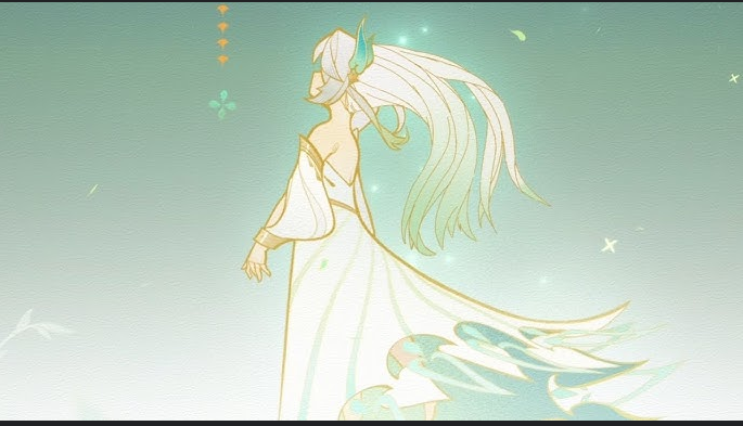 a beautiful anime girl with long green hair is wearing a flowing white dress and is floating in the air. she looks to be in a magical or mystical place, as the background is filled with light and ethereal effects.