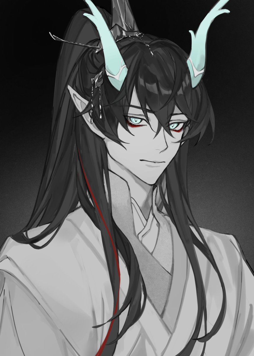 a digital illustration of a fictional anime character. he has long black hair with red streaks and a white outfit. he is wearing a traditional headband with  horns.  his expression is serious and his eyes are staring intently at the viewer. the background is dark, adding to the mysterious ambiance.