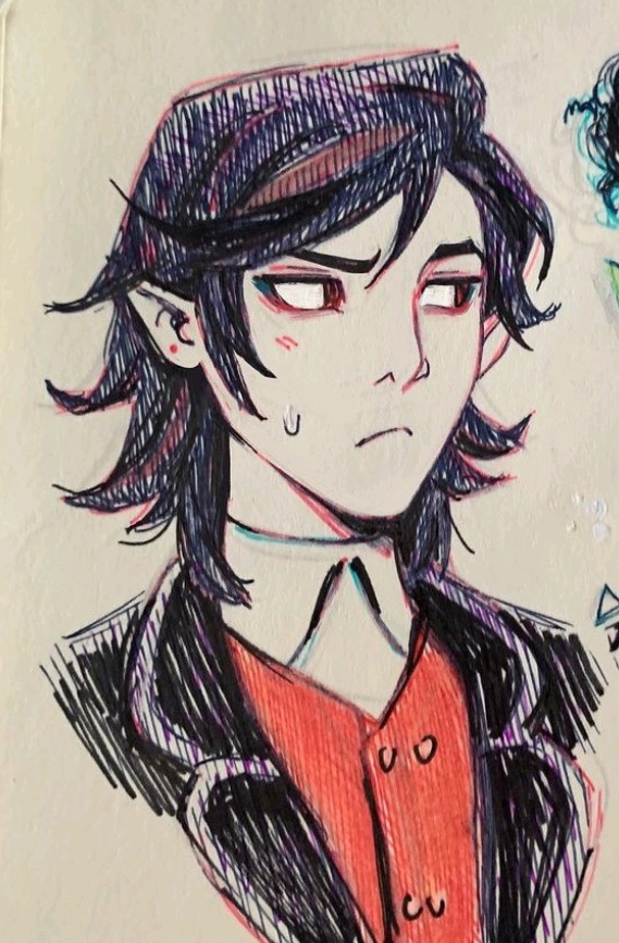 an illustration of a male character with black hair and red eyes wearing a suit with a white collar and red shirt. the character has elflike ears. the style is similar to manga or anime.