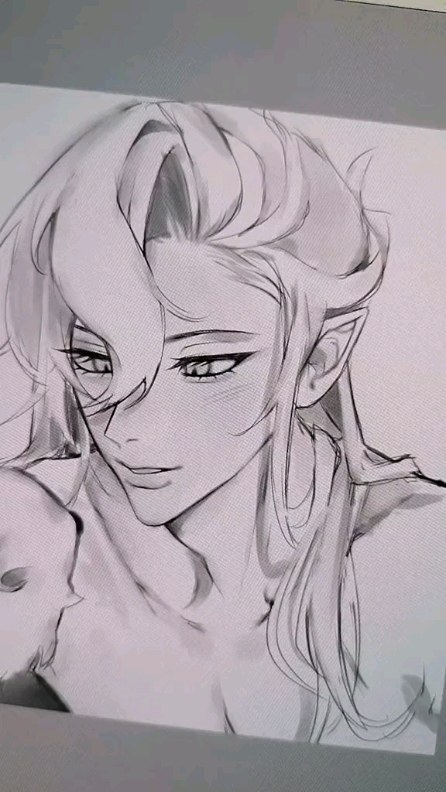 a grayscale pencil or charcoal drawing of an animestyle female character. she has long, flowing hair, pointed ears suggesting an elflike appearance, and a soft, elegant expression. the artwork is characterized by subtle shading and delicate lines, creating a feeling of softness and beauty. the style is reminiscent of manga or anime illustrations. the drawing focuses on the character's face and upper body, with a part of her shoulder and chest visible. a small portion of another object or character is seen in the bottom left corner, but it's not clearly defined. the background is plain, allowing the focus to remain solely on the figure. the overall aesthetic is graceful and dreamlike.