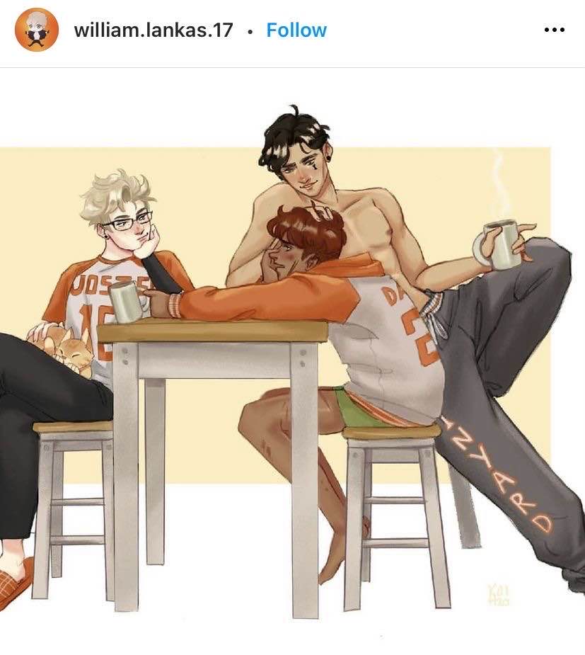 the illustration depicts three young men enjoying a relaxing moment together. they are gathered around a simple wooden table, likely in a kitchen or dining area. two of them are seated while the third leans against the table.  the atmosphere is comfortable and familiar, suggesting a close bond between the characters.  the color scheme is warm and inviting, with a focus on oranges, browns, and yellows.