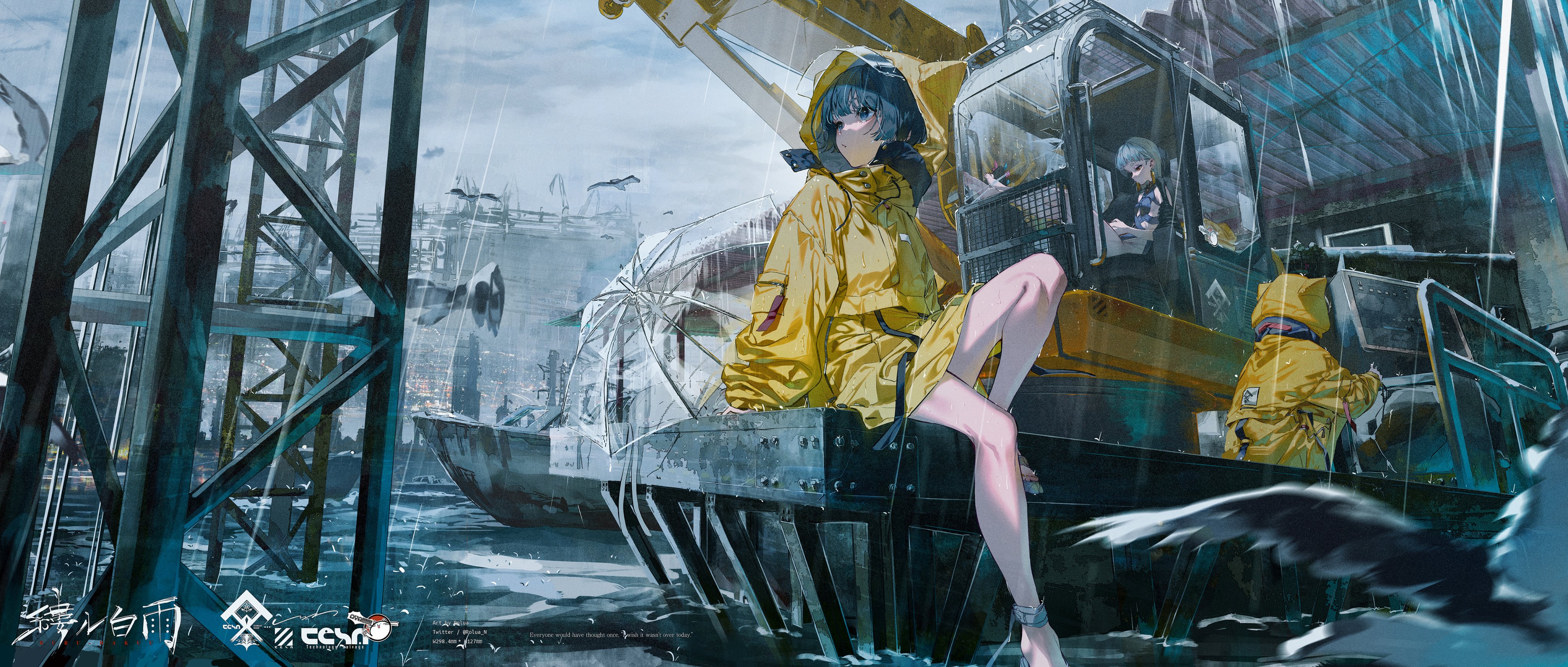 a young anime girl in a yellow raincoat stands on a large construction crane. she is looking down at the city below. it is raining hard, and the city streets are wet. the girl is surrounded by industrial equipment and buildings.  the sky is grey and overcast, and the overall mood of the image is dark and somber.