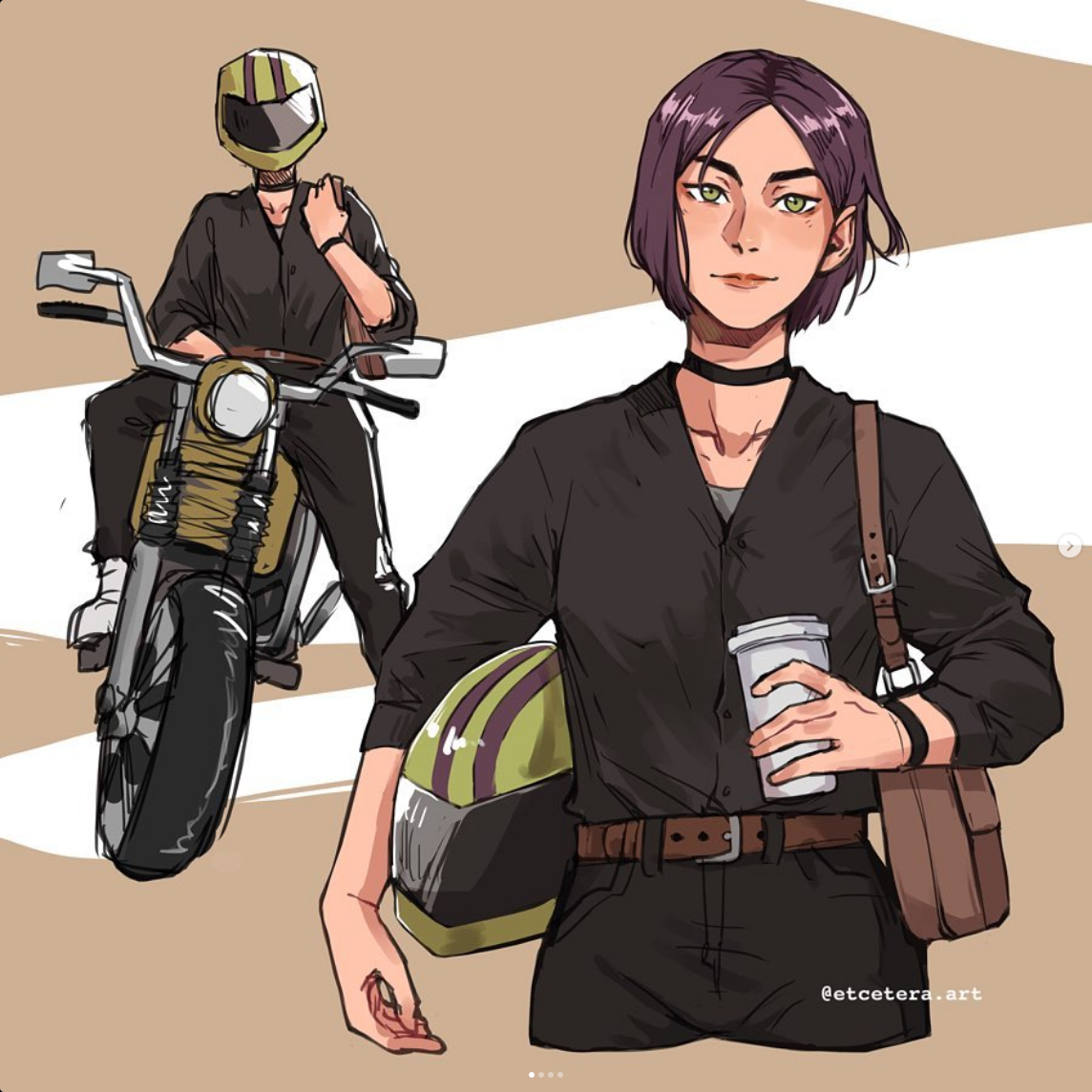 the image shows a digital illustration of a woman standing in front of a motorcycle. the woman has short purple hair, green eyes, and is wearing a black shirt, black pants, and a brown belt. she is holding a motorcycle helmet in her left hand and a coffee cup in her right hand. the motorcycle is black and yellow and is parked behind her. the background is a light brown color. the overall style of the illustration is soft and romantic, suggesting a connection between the woman and the motorcycle or its unseen rider.