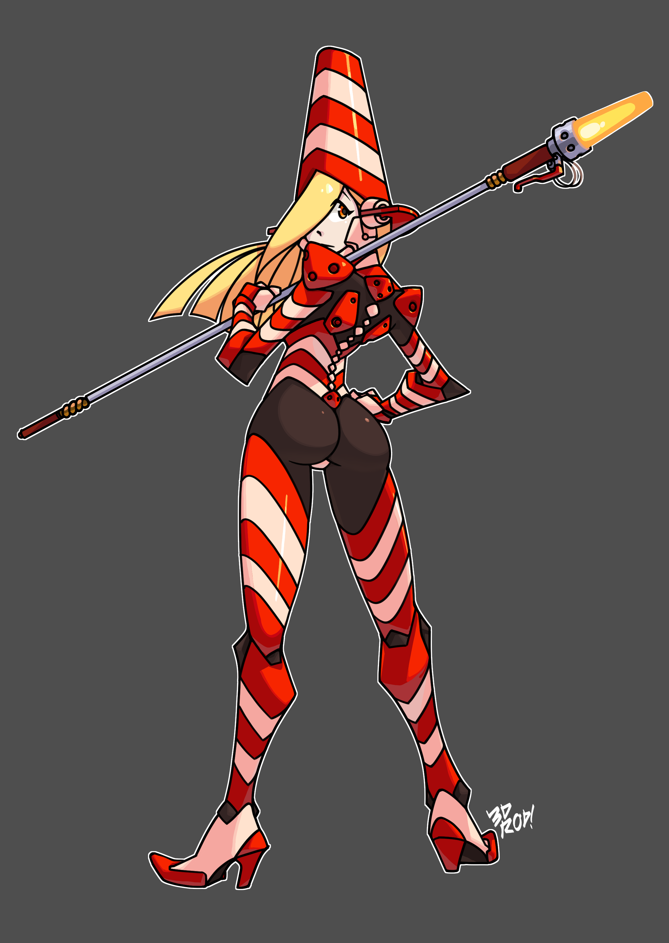 this illustration is a drawing of a woman in a red and white striped suit and cone shaped hat. she is holding a weaponized stick with a pointed end. she is looking over her shoulder with a serious expression and her left leg is bent at the knee. her hair is blonde and it is long.