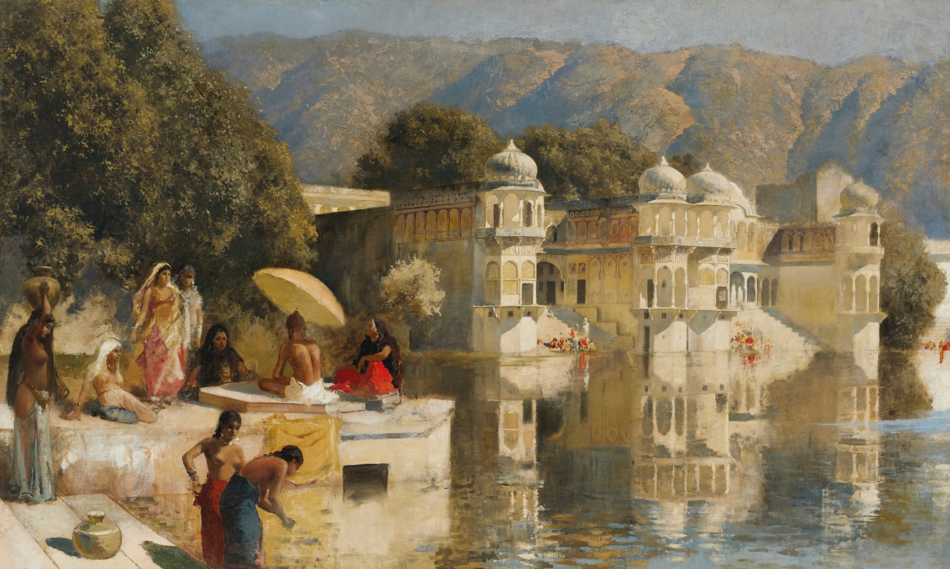 a painting depicts a scene in india, with women gathered on a bathing ghat by the water. some women are bathing, others are sitting and talking, and one is carrying a pot on her head. a parasol provides shade. in the background are buildings with domes and intricate details, reflected in the water. mountains and trees can be seen in the distance.
