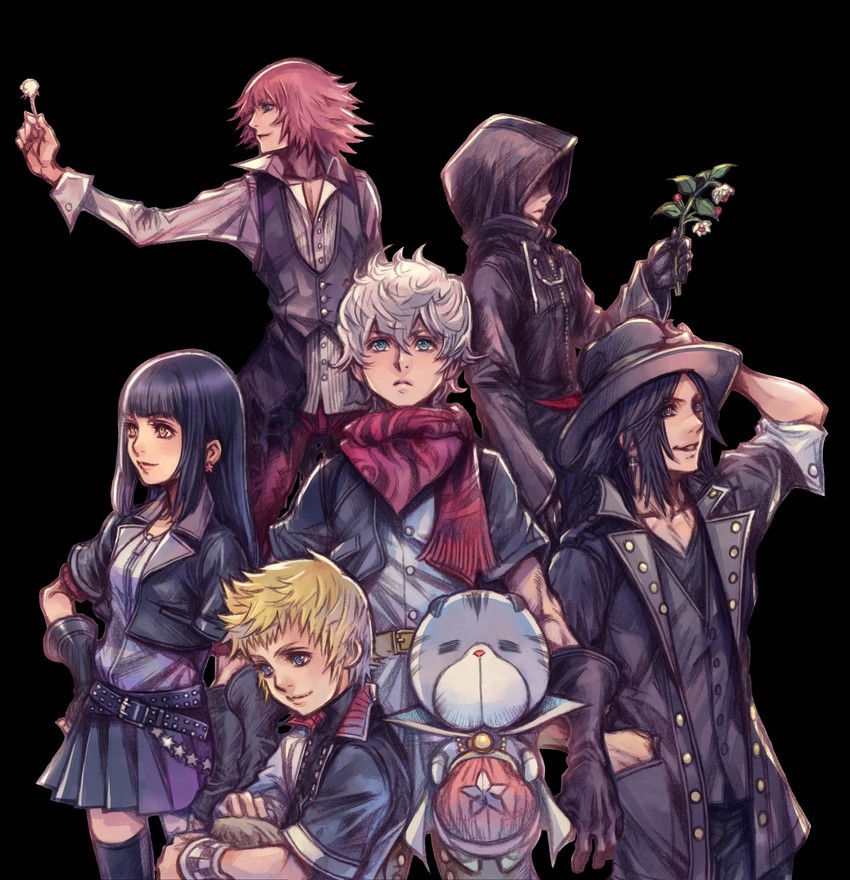 the image showcases a group of six stylized characters against a stark black backdrop. four male characters and two female characters stand in various poses, hinting at distinct personalities. one character holds a white flower aloft, while another clutches a staff topped with white blossoms. a small, stylized animal companion with large eyes and a pink flower accessory accompanies the group. the dramatic lighting emphasizes the characters, drawing the viewer's attention to their detailed attire and expressions. the overall aesthetic leans heavily into fantasy and anime art styles, common in jrpgs.