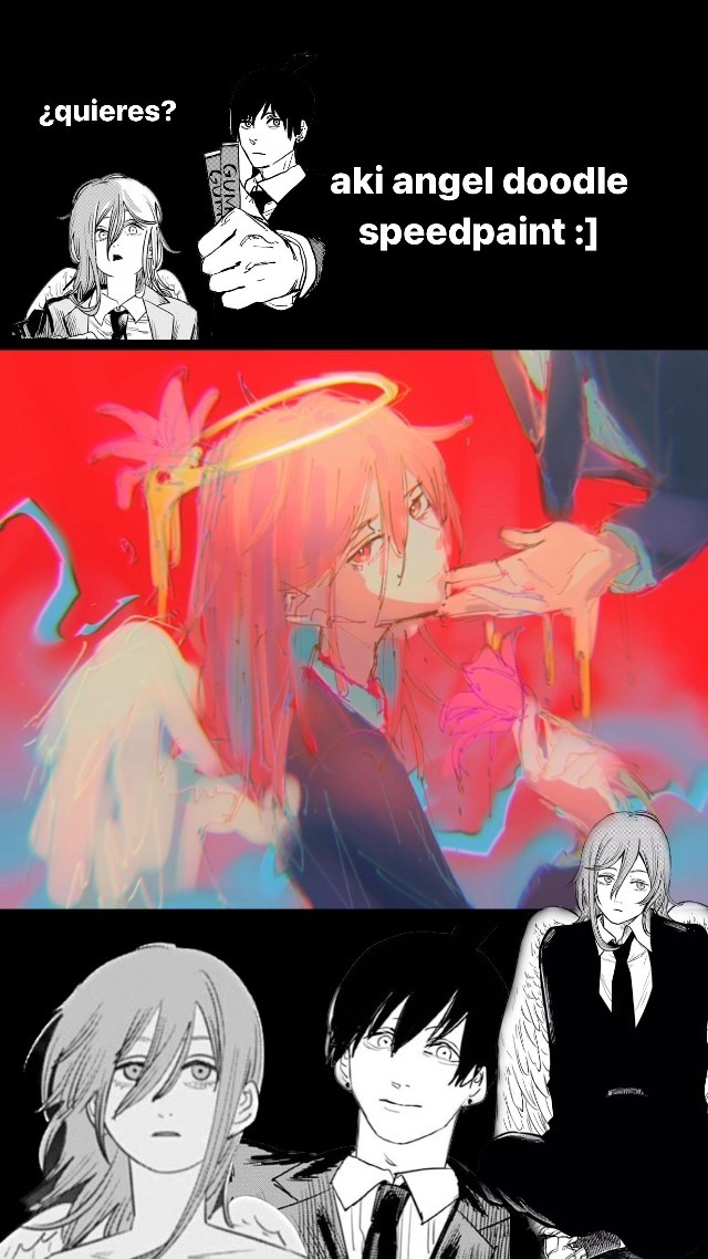 he image is a collage combining different art styles and elements. the top section shows two mangastyle panels. the left panel shows a girl with long hair in a somewhat sad expression, while the right panel depicts a man in a suit, seemingly offering her something. the middle section features a speedpaint of an angel with pink hair and wings, in a vibrant red and blue color scheme.  the angel seems to be interacting with a dark figure, possibly a hand reaching out. the bottom section shows mangastyle character illustrations; a girl with long hair, and a man with dark hair in a suit, next to another winged figure drawn in a similar style to the top panels.  the overall impression is a blend of different artistic expressions surrounding a central theme of an angelic character.  there's also text in spanish ("¿quieres?") in the top left, and english ("aki angel doodle speedpaint :[") in the top right.
