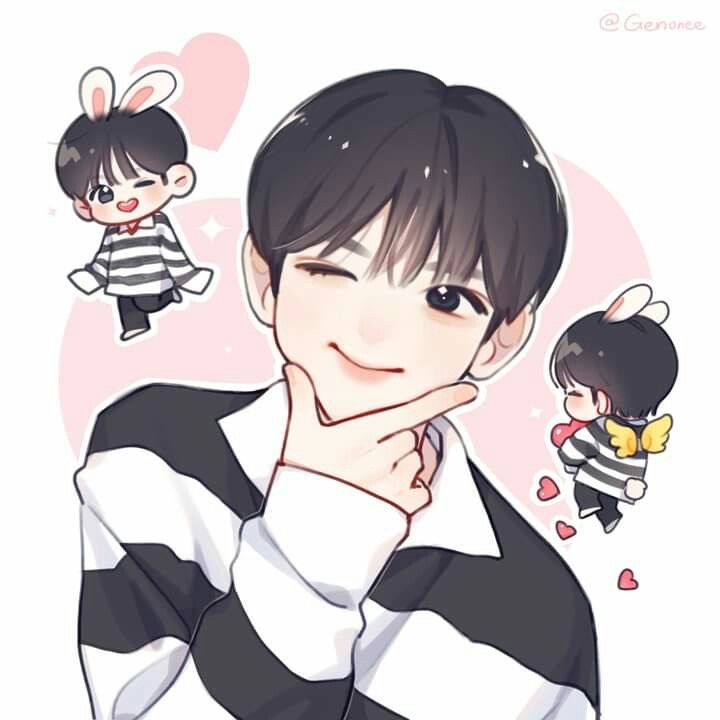 the image features a stylized drawing of a young man with short black hair and a charming expression. he is winking and touching his chin thoughtfully. he wears a black and white striped shirt.  surrounding him are two chibi versions of himself. one chibi wears bunny ears and a matching striped shirt, while the other sports angel wings, a heart, and trails small red hearts. the background is a soft pink with subtle white highlights.