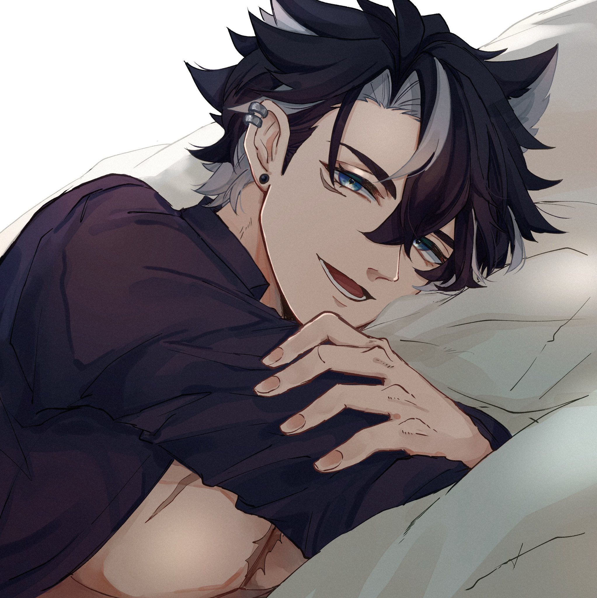 the image is a digital illustration of an anime male character lying on a white