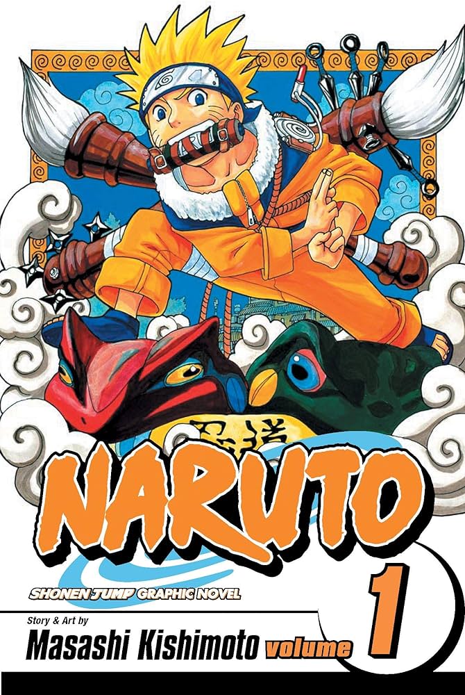 the image is a vibrant comic book cover featuring a young boy named naruto. he's dressed in an orange and blue outfit, leaping through the air with a determined expression. naruto is carrying art supplies, including paint brushes and scrolls, suggesting his ninja skills are related to art. behind him, there's a large, colorful, mythical creature with red and green markings. the background shows a traditional japanese village nestled amidst fluffy white clouds. the overall style is dynamic and energetic, typical of manga and anime.