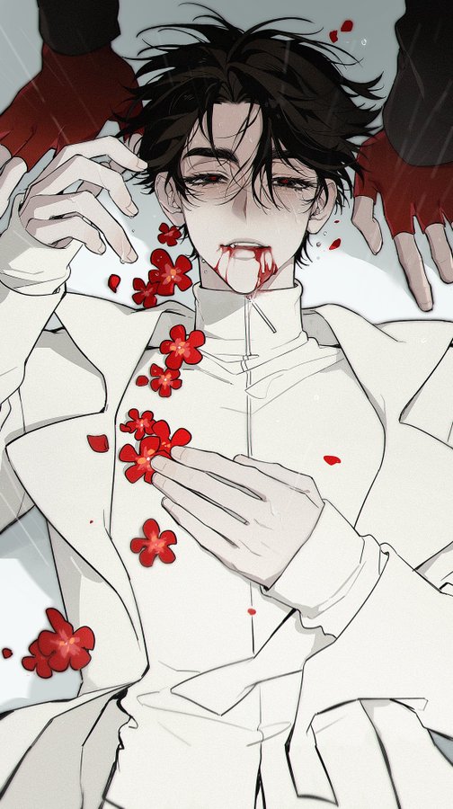 a digital drawing of an anime character lying dead on a white floor. he has black hair and is wearing a white shirt and jacket. he has blood coming from his mouth and is surrounded by red petals. the scene is depicted in a dark and somber tone.