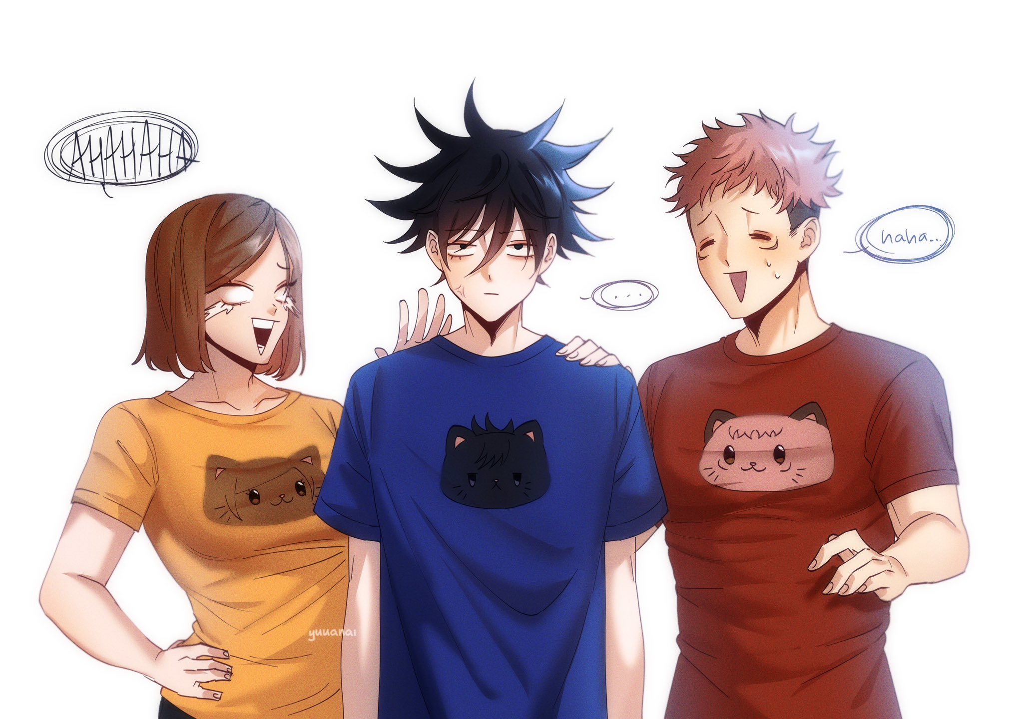the image depicts three anime characters, two male and one female. the male character in the middle has spiky black hair and wears a blue tshirt with a black cat illustration on it. he looks slightly bored and amused. the male character on the right has bright red hair, wears a red tshirt with a pink cat illustration on it, and smiles happily. the female character on the left has brown hair, wears a yellow tshirt with a brown cat illustration on it, and laughs hysterically. the characters are close together, possibly friends, enjoying each other's company and laughing at something. the image is a digital art piece with a cartoon style and vibrant colors.