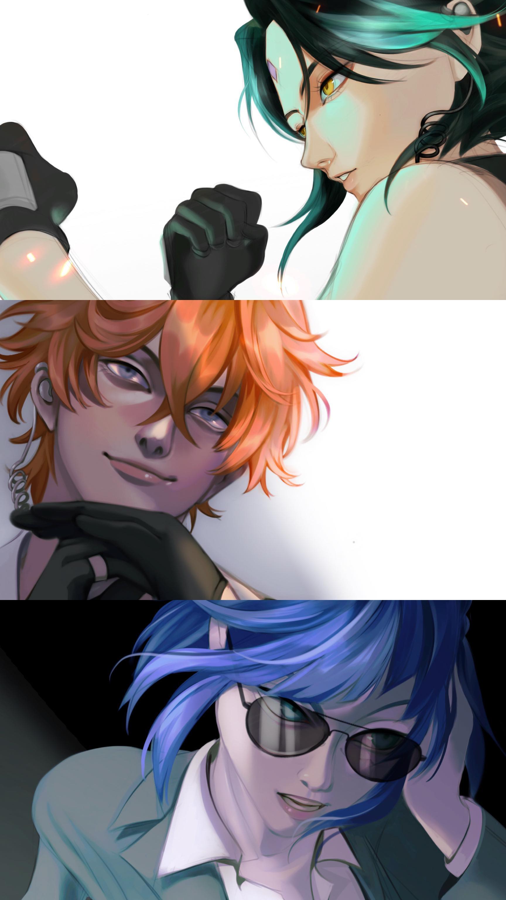the image is a digital artwork featuring three distinct animestyle characters, each in a closeup portrait style.  the top panel shows a female character with teal hair, wearing dark gloves and seemingly in a confrontational pose. the middle panel presents a male character with vibrant orange hair, also wearing dark gloves, and sporting a smirk. the bottom panel displays another female character with bright blue hair and sunglasses, wearing a suit jacket.  each character has a unique and expressive style, creating a sense of contrast and mystery. the art style is clean and polished, with attention to detail in hair, clothing, and skin tones.